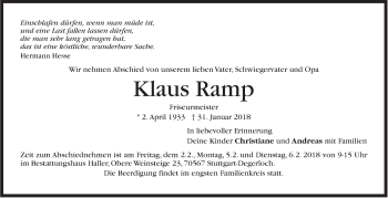 Traueranzeige von Klaus Ramp von Stuttgarter Zeitung / Stuttgarter Nachrichten