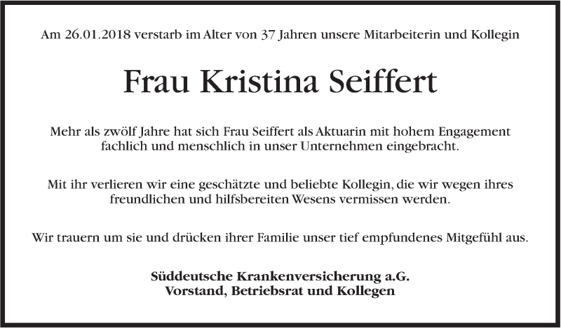  Traueranzeige für Kristina Seiffert vom 03.02.2018 aus Stuttgarter Zeitung / Stuttgarter Nachrichten