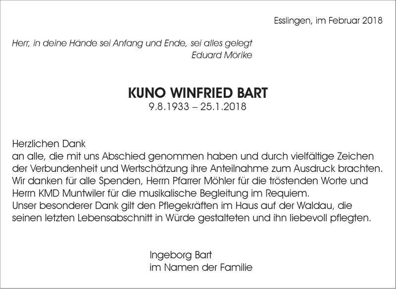  Traueranzeige für Kuno Windfried Bart vom 22.02.2018 aus Stuttgarter Zeitung / Stuttgarter Nachrichten