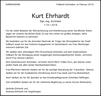 Traueranzeige von Kurt Ehrhardt von Stuttgarter Zeitung / Stuttgarter Nachrichten