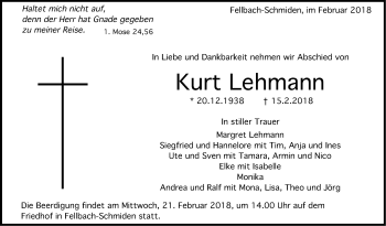Traueranzeige von Kurt Lehmann von Stuttgarter Zeitung / Stuttgarter Nachrichten