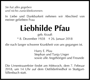 Traueranzeige von Liebhilde Pfau von Stuttgarter Zeitung / Stuttgarter Nachrichten