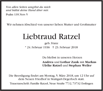 Traueranzeige von Liebtraud Ratzel von Stuttgarter Zeitung / Stuttgarter Nachrichten