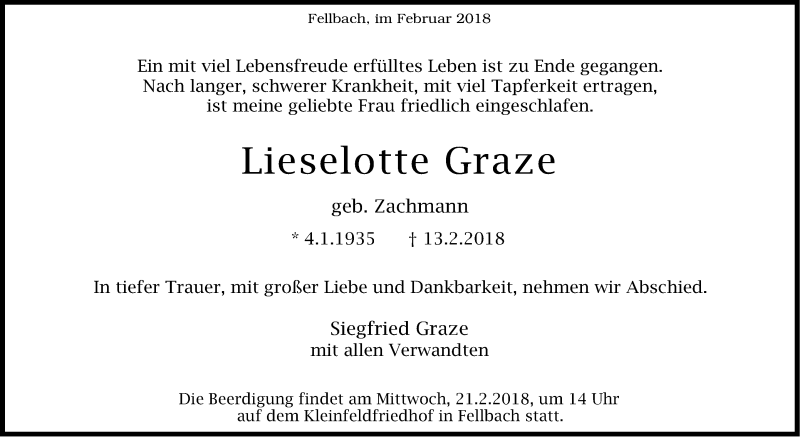  Traueranzeige für Lieselotte Graze vom 17.02.2018 aus Stuttgarter Zeitung / Stuttgarter Nachrichten