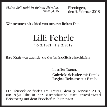 Traueranzeige von Lilli Fehrle von Stuttgarter Zeitung / Stuttgarter Nachrichten