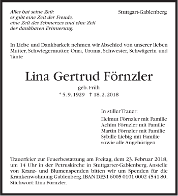 Traueranzeige von Lina Gertrud Förnzler von Stuttgarter Zeitung / Stuttgarter Nachrichten