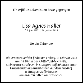 Traueranzeige von Lisa Agnes Haller von Stuttgarter Zeitung / Stuttgarter Nachrichten