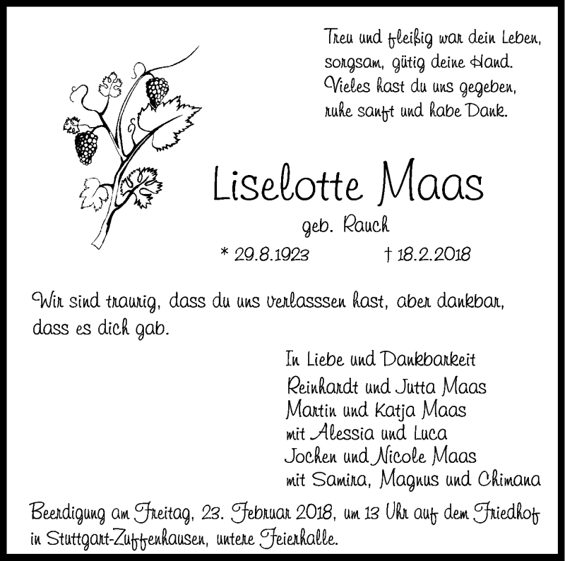  Traueranzeige für Liselotte Maas vom 21.02.2018 aus Stuttgarter Zeitung / Stuttgarter Nachrichten