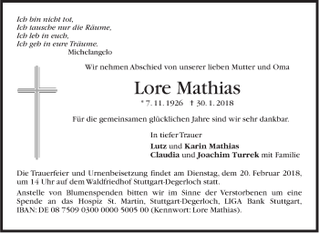 Traueranzeige von Lore Mathias von Stuttgarter Zeitung / Stuttgarter Nachrichten