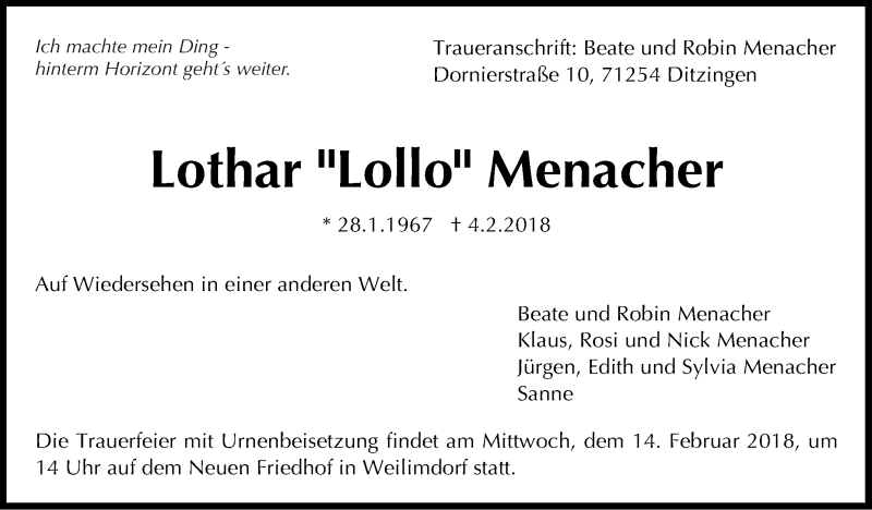  Traueranzeige für Lothar Menacher vom 08.02.2018 aus Stuttgarter Zeitung / Stuttgarter Nachrichten