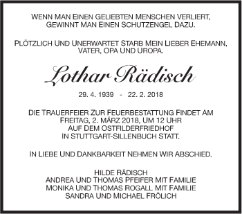 Traueranzeige von Lothar Rädisch von Stuttgarter Zeitung / Stuttgarter Nachrichten