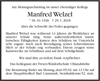 Traueranzeige von Manfred Welzel von Stuttgarter Zeitung / Stuttgarter Nachrichten