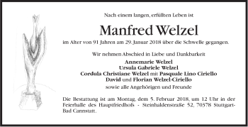 Traueranzeige von Manfred Welzel von Stuttgarter Zeitung / Stuttgarter Nachrichten