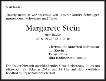 Traueranzeige von Margarete Stein von Stuttgarter Zeitung / Stuttgarter Nachrichten