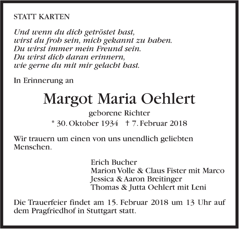  Traueranzeige für Margot Maria Oehlert vom 13.02.2018 aus Stuttgarter Zeitung / Stuttgarter Nachrichten