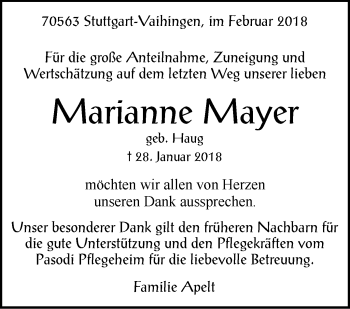 Traueranzeige von Marianne Mayer von Stuttgarter Zeitung / Stuttgarter Nachrichten