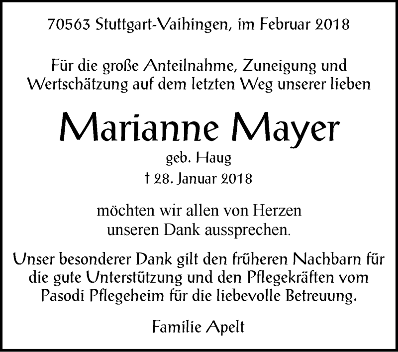  Traueranzeige für Marianne Mayer vom 09.02.2018 aus Stuttgarter Zeitung / Stuttgarter Nachrichten
