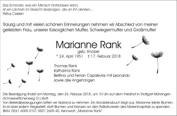 Traueranzeige von Marianne Rank von Stuttgarter Zeitung / Stuttgarter Nachrichten