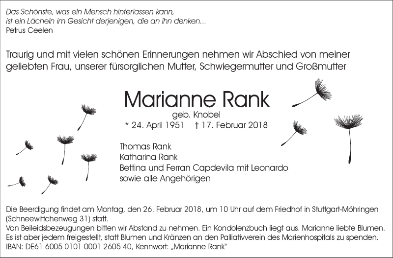  Traueranzeige für Marianne Rank vom 21.02.2018 aus Stuttgarter Zeitung / Stuttgarter Nachrichten