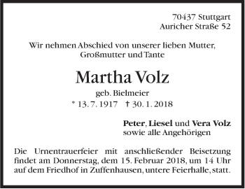 Traueranzeige von Martha Volz von Stuttgarter Zeitung / Stuttgarter Nachrichten