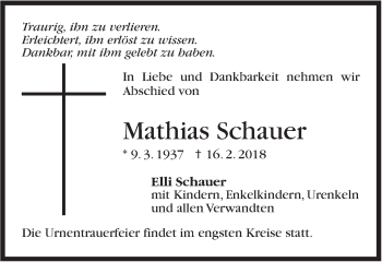 Traueranzeige von Mathias Schauer von Stuttgarter Zeitung / Stuttgarter Nachrichten