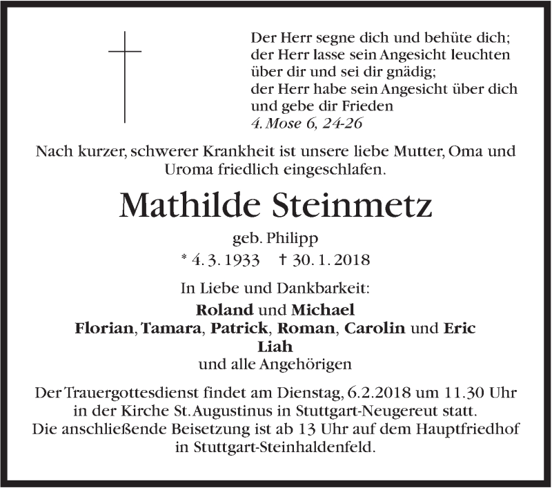 Traueranzeige für Mathilde Steinmetz vom 02.02.2018 aus Stuttgarter Zeitung / Stuttgarter Nachrichten