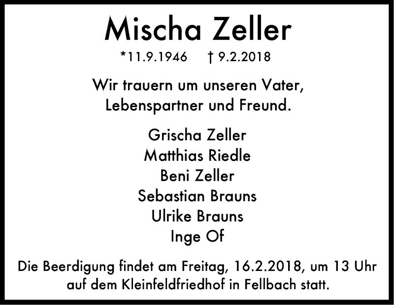  Traueranzeige für Mischa Zeller vom 15.02.2018 aus Stuttgarter Zeitung / Stuttgarter Nachrichten