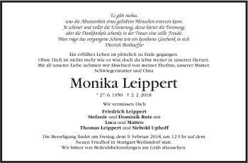 Traueranzeige von Monika Leippert von Stuttgarter Zeitung / Stuttgarter Nachrichten