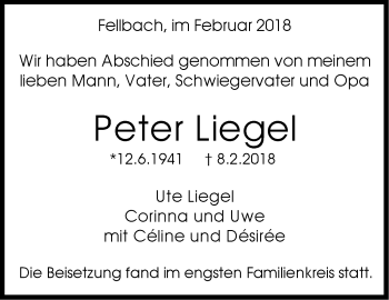 Traueranzeige von Peter Liegel von Stuttgarter Zeitung / Stuttgarter Nachrichten