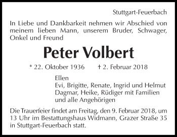 Traueranzeige von Peter Volbert von Stuttgarter Zeitung / Stuttgarter Nachrichten