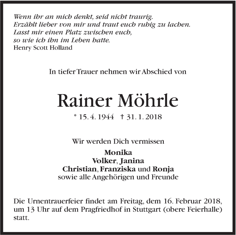  Traueranzeige für Rainer Möhrle vom 09.02.2018 aus Stuttgarter Zeitung / Stuttgarter Nachrichten