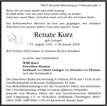 Traueranzeige von Renate Kurz von Stuttgarter Zeitung / Stuttgarter Nachrichten