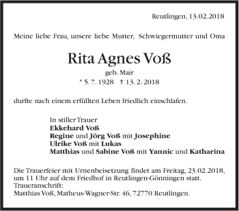 Traueranzeige von Rita Agnes Voß von Stuttgarter Zeitung / Stuttgarter Nachrichten