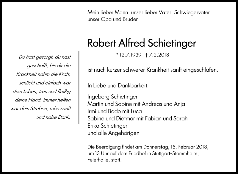  Traueranzeige für Robert Alfred Schietinger vom 13.02.2018 aus Stuttgarter Zeitung / Stuttgarter Nachrichten
