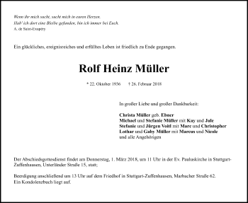 Traueranzeige von Rolf Heinz Müller von Stuttgarter Zeitung / Stuttgarter Nachrichten