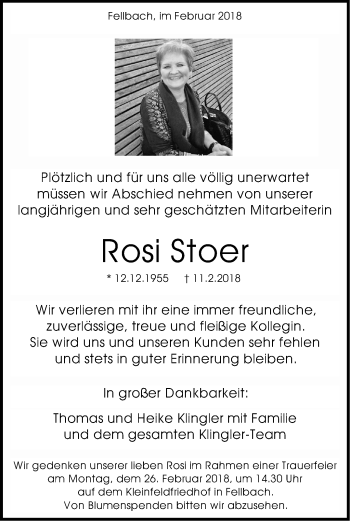 Traueranzeige von Rosi Stoer von Stuttgarter Zeitung / Stuttgarter Nachrichten