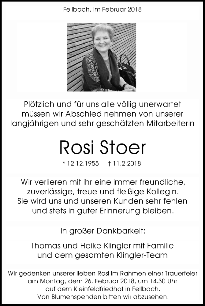  Traueranzeige für Rosi Stoer vom 21.02.2018 aus Stuttgarter Zeitung / Stuttgarter Nachrichten