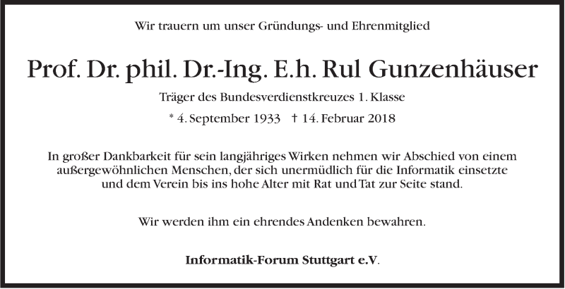  Traueranzeige für Rul Gunzenhäuser vom 22.02.2018 aus Stuttgarter Zeitung / Stuttgarter Nachrichten