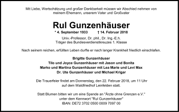 Traueranzeige von Rul Gunzenhäuser von Stuttgarter Zeitung / Stuttgarter Nachrichten