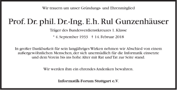 Traueranzeige von Rul Gunzenhäuser von Stuttgarter Zeitung / Stuttgarter Nachrichten