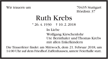 Traueranzeige von Ruth Krebs von Stuttgarter Zeitung / Stuttgarter Nachrichten