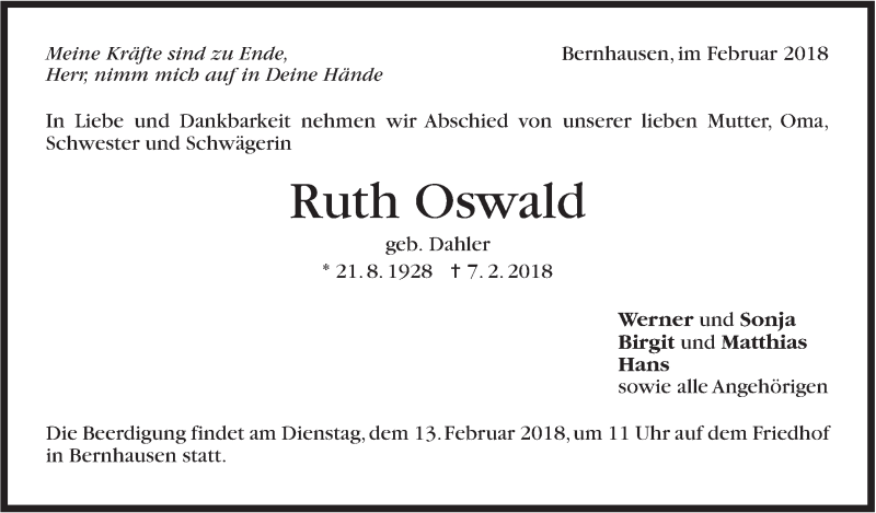  Traueranzeige für Ruth Oswald vom 10.02.2018 aus Stuttgarter Zeitung / Stuttgarter Nachrichten