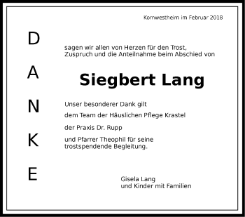 Traueranzeige von Siegbert Lang von Stuttgarter Zeitung / Stuttgarter Nachrichten