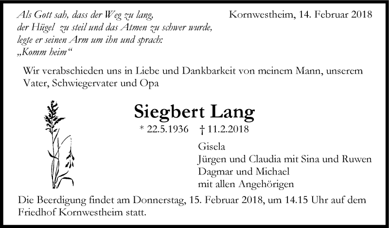  Traueranzeige für Siegbert Lang vom 14.02.2018 aus Stuttgarter Zeitung / Stuttgarter Nachrichten