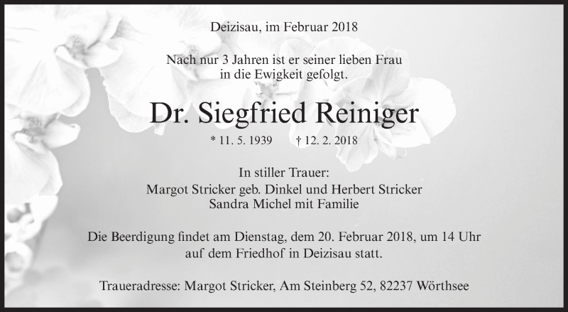  Traueranzeige für Siegfried Reiniger vom 16.02.2018 aus Stuttgarter Zeitung / Stuttgarter Nachrichten
