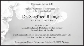 Traueranzeige von Siegfried Reiniger von Stuttgarter Zeitung / Stuttgarter Nachrichten