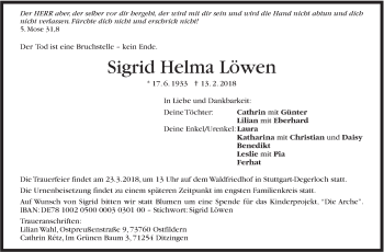 Traueranzeige von Sigrid Helma Löwen von Stuttgarter Zeitung / Stuttgarter Nachrichten