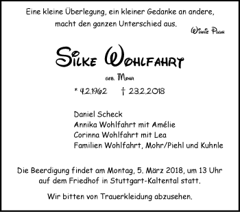 Traueranzeige von Silke Wohlfahrt von Stuttgarter Zeitung / Stuttgarter Nachrichten