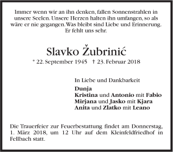 Traueranzeige von Slavko Zubrinic von Stuttgarter Zeitung / Stuttgarter Nachrichten