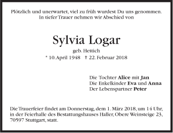 Traueranzeige von Sylvia Logar von Stuttgarter Zeitung / Stuttgarter Nachrichten